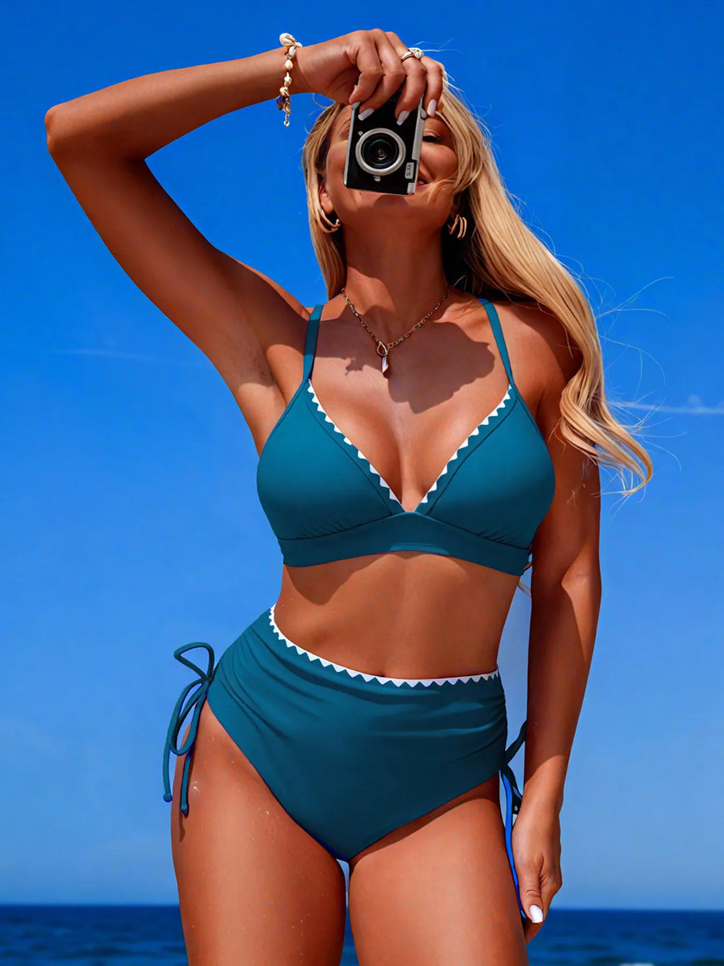 Scalloped Trim High-Waisted Swim Set
