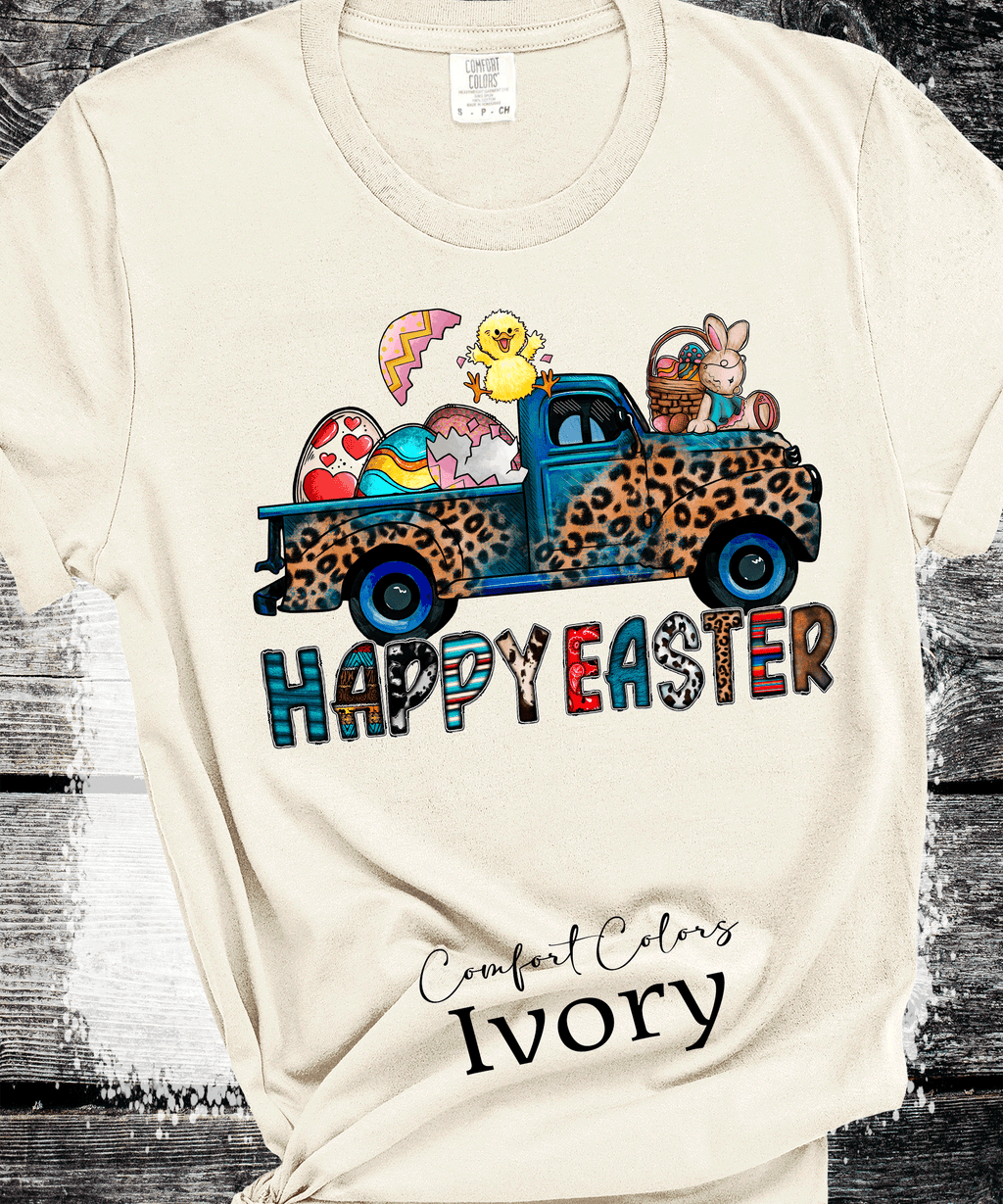 A Blessed Texas Mess Boutique BOHO Happy Easter Leopard Truck Eggs Chicks Rabbits — dtf / graphic shirts category context