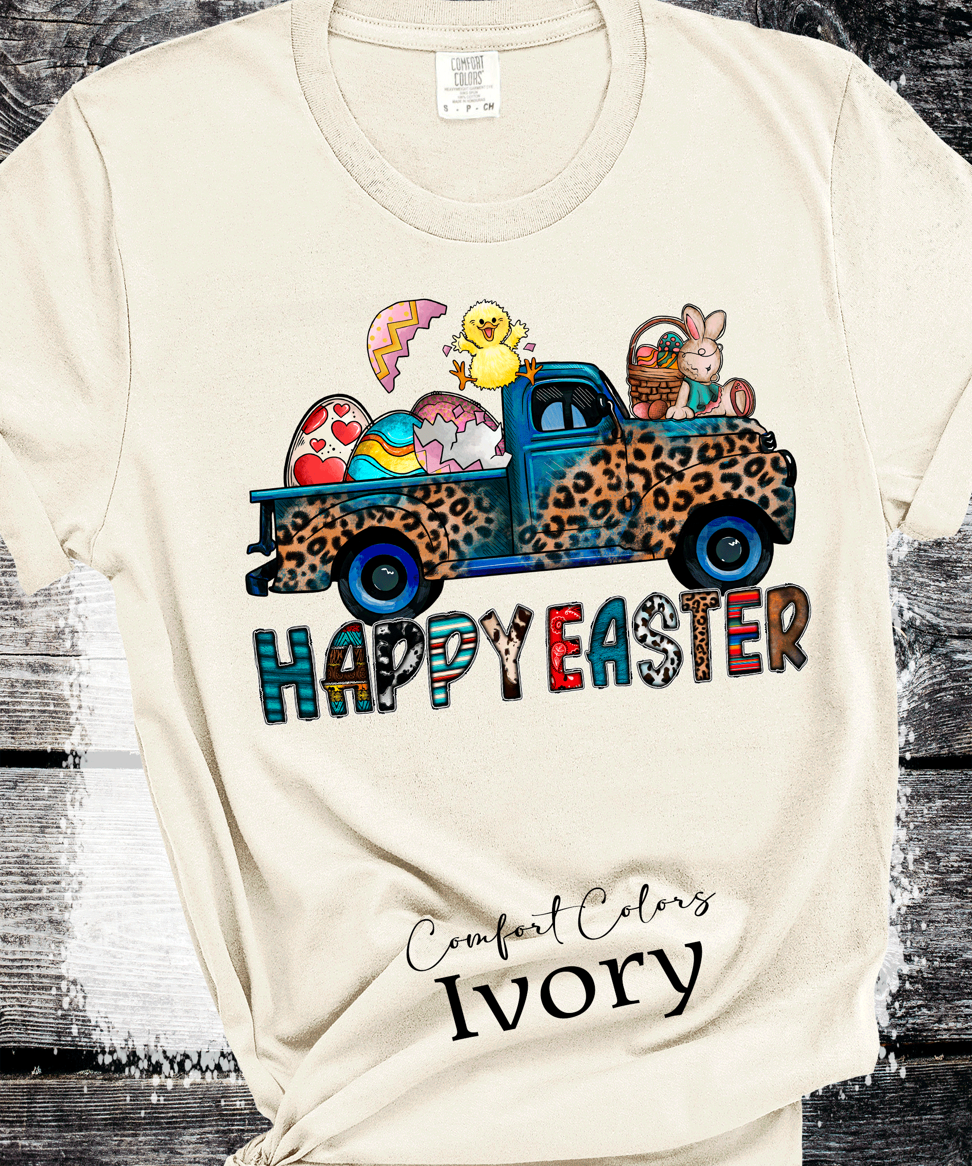 A Blessed Texas Mess Boutique BOHO Happy Easter Leopard Truck Eggs Chicks Rabbits — dtf / graphic shirts category context