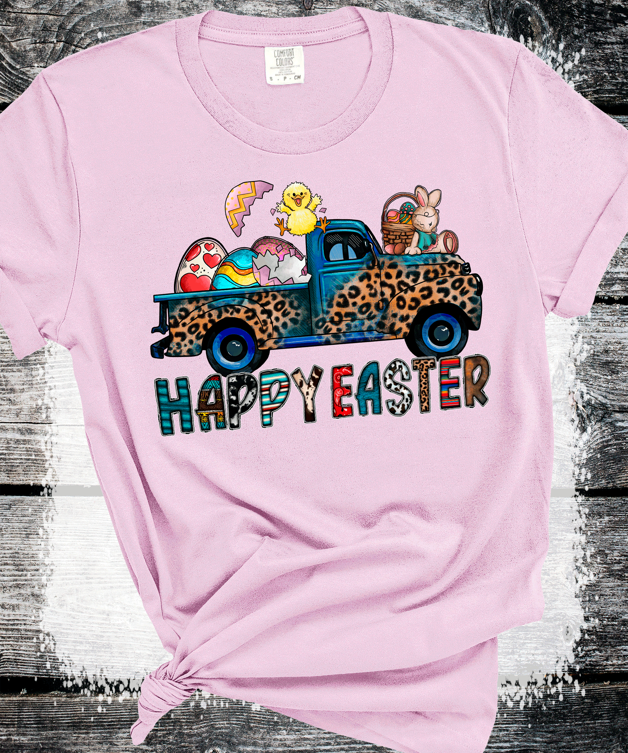 A Blessed Texas Mess Boutique BOHO Happy Easter Leopard Truck Eggs Chicks Rabbits — construction detail