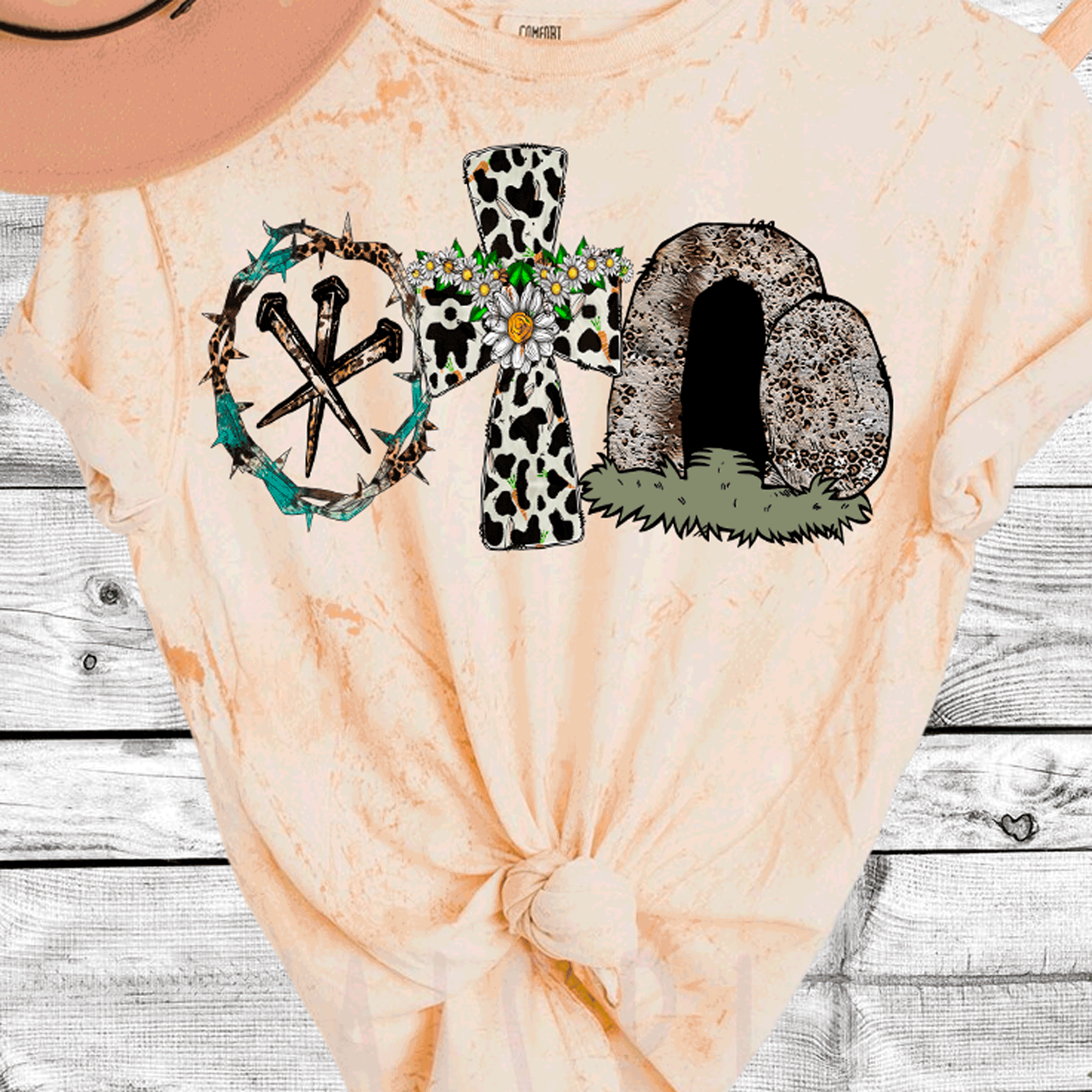 A Blessed Texas Mess Boutique Comfort Color Colorblast Tie Dye Easter Nails Thorn Crown Leopard Cross Tomb — construction detail