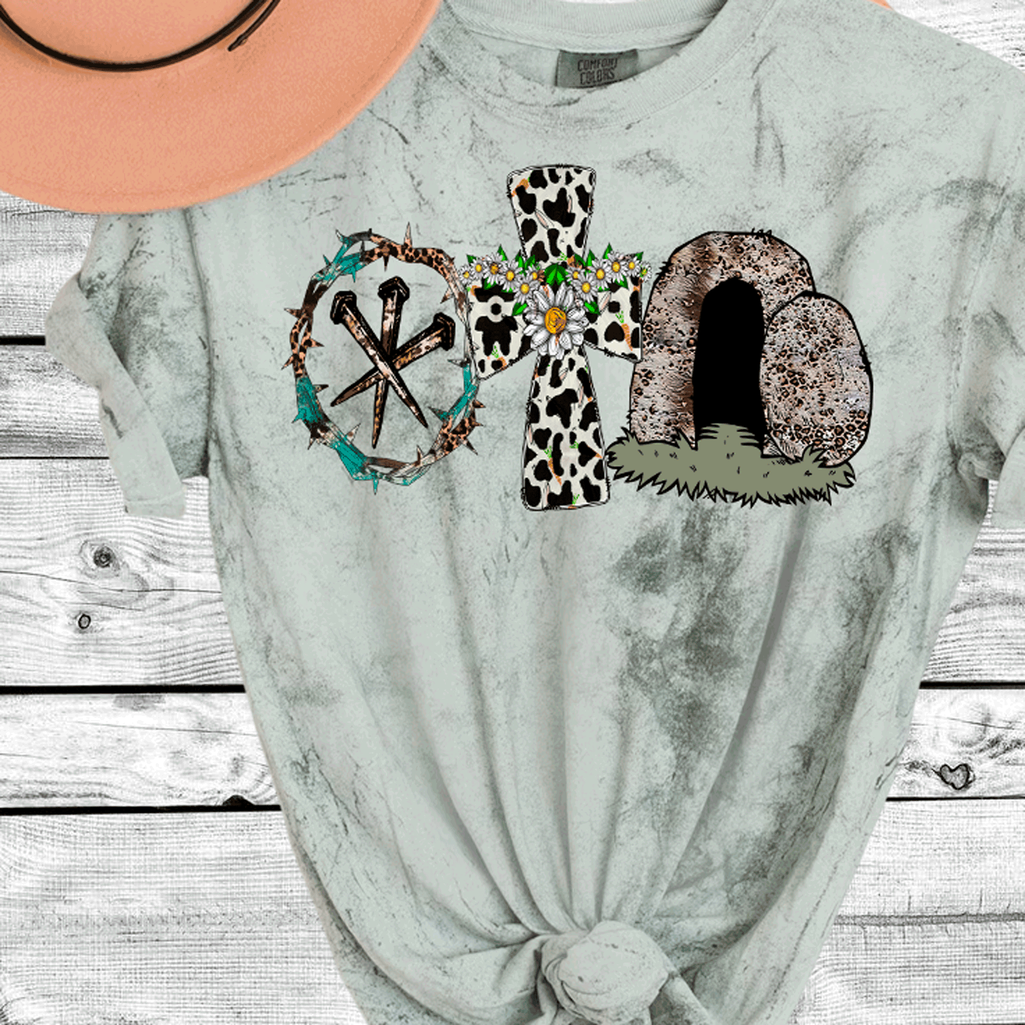 A Blessed Texas Mess Boutique Comfort Color Colorblast Tie Dye Easter Nails Thorn Crown Leopard Cross Tomb — detail shot 6