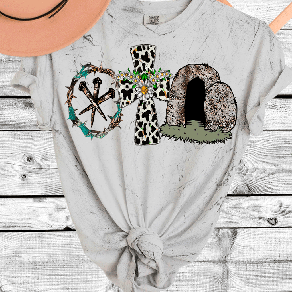 A Blessed Texas Mess Boutique Comfort Color Colorblast Tie Dye Easter Nails Thorn Crown Leopard Cross Tomb — A Blessed Texas Mess Boutique branding close-up