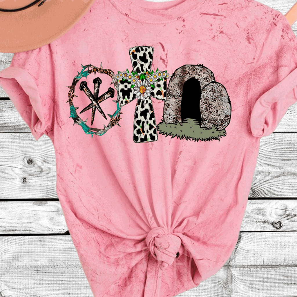A Blessed Texas Mess Boutique Comfort Color Colorblast Tie Dye Easter Nails Thorn Crown Leopard Cross Tomb — graphic shirts category context