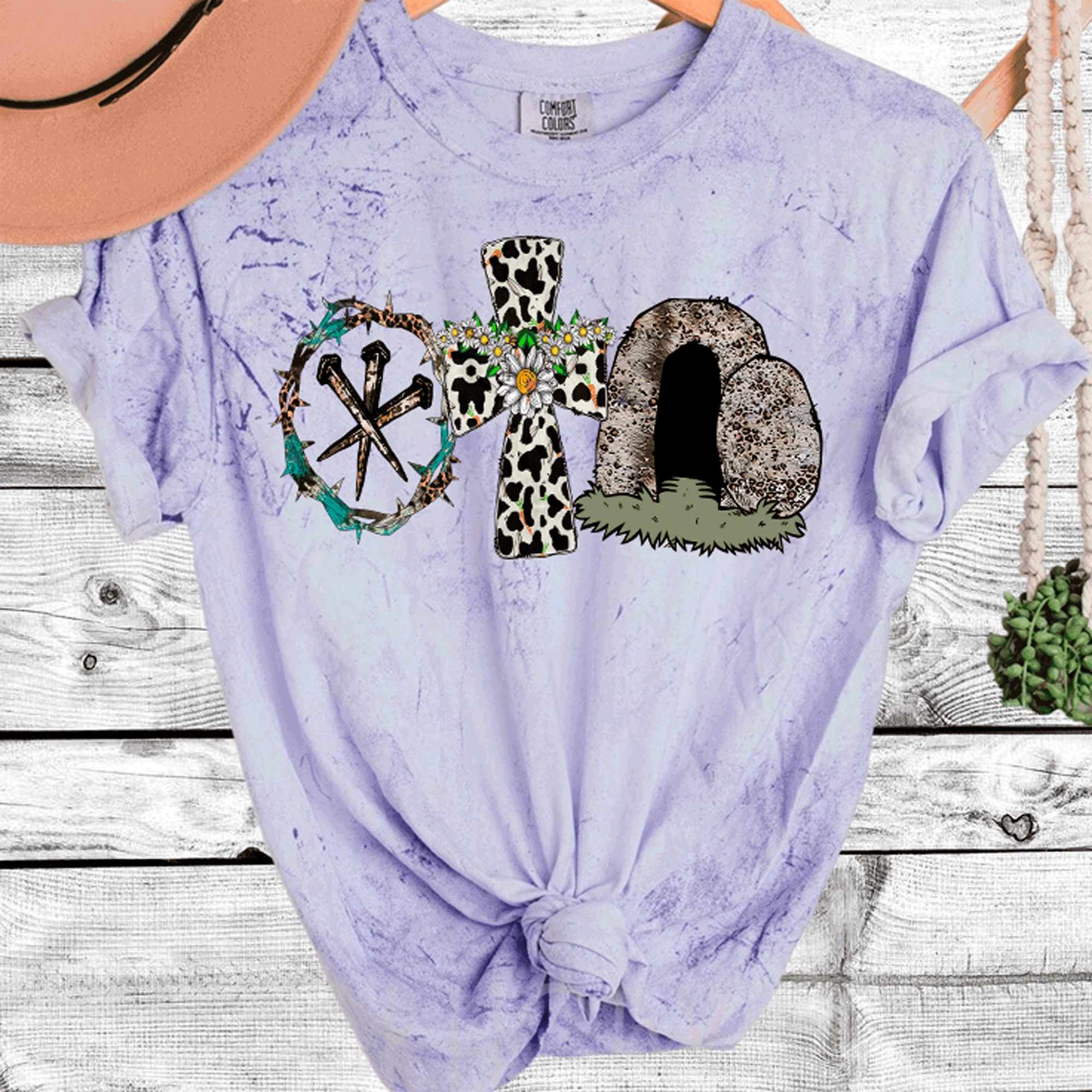 A Blessed Texas Mess Boutique Comfort Color Colorblast Tie Dye Easter Nails Thorn Crown Leopard Cross Tomb — lifestyle worn / used context