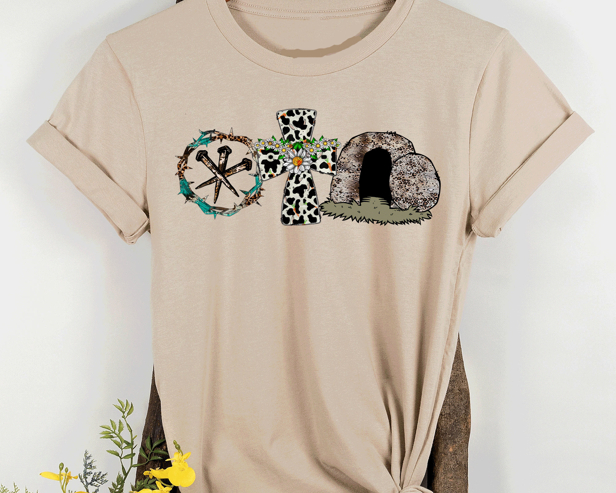 A Blessed Texas Mess Boutique A Lot Can Happen in 3 Days Crown, Cross, Rock T-Shirt, Easter T Shirt, Jesus… — detail shot 7