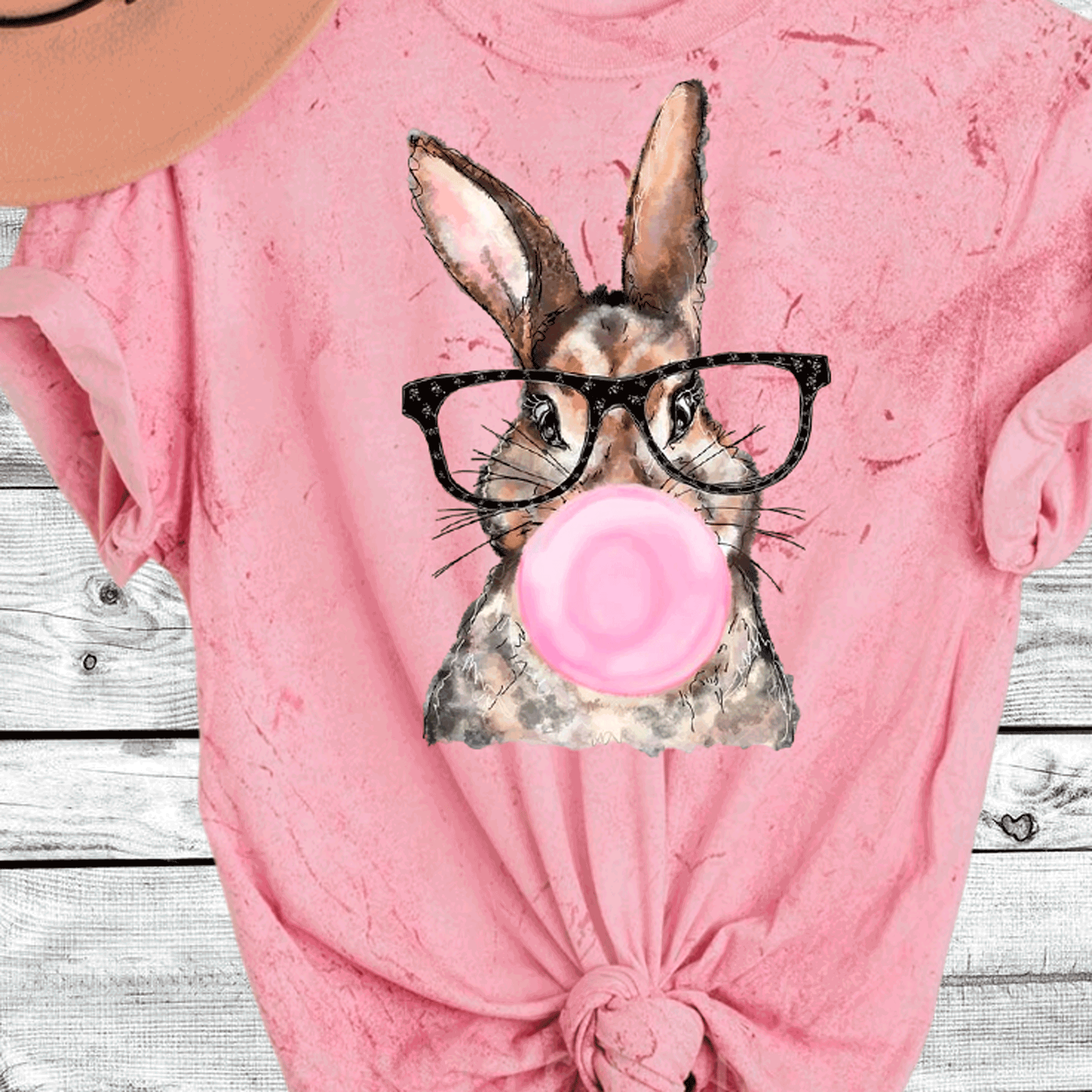 A Blessed Texas Mess Boutique Comfort Color Colorblast Tie Dye Fun Bubble Blowing Bunny — main product shot