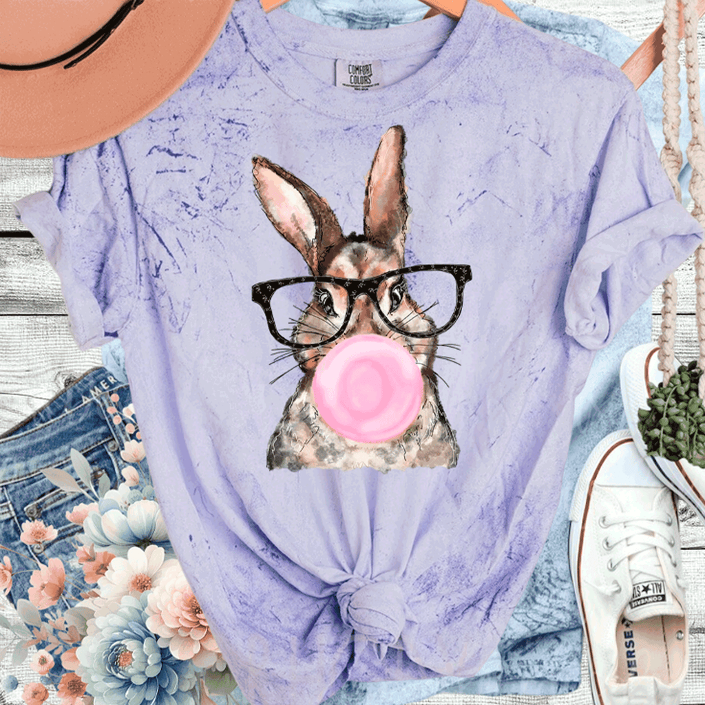 A Blessed Texas Mess Boutique Comfort Color Colorblast Tie Dye Fun Bubble Blowing Bunny — construction detail