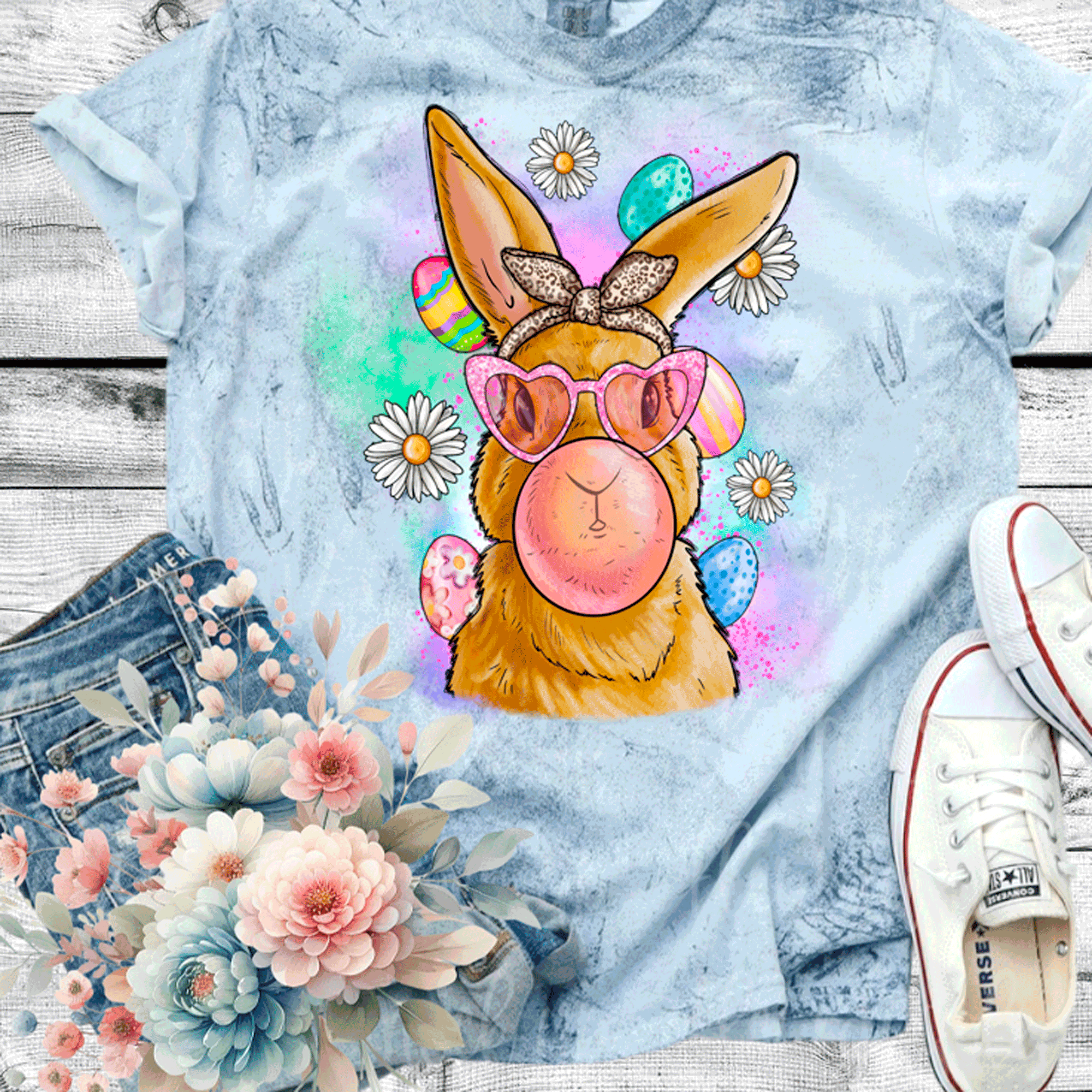 A Blessed Texas Mess Boutique Comfort Color Colorblast Tie Dye Fun Bubble Blowing Bunny — A Blessed Texas Mess Boutique branding close-up
