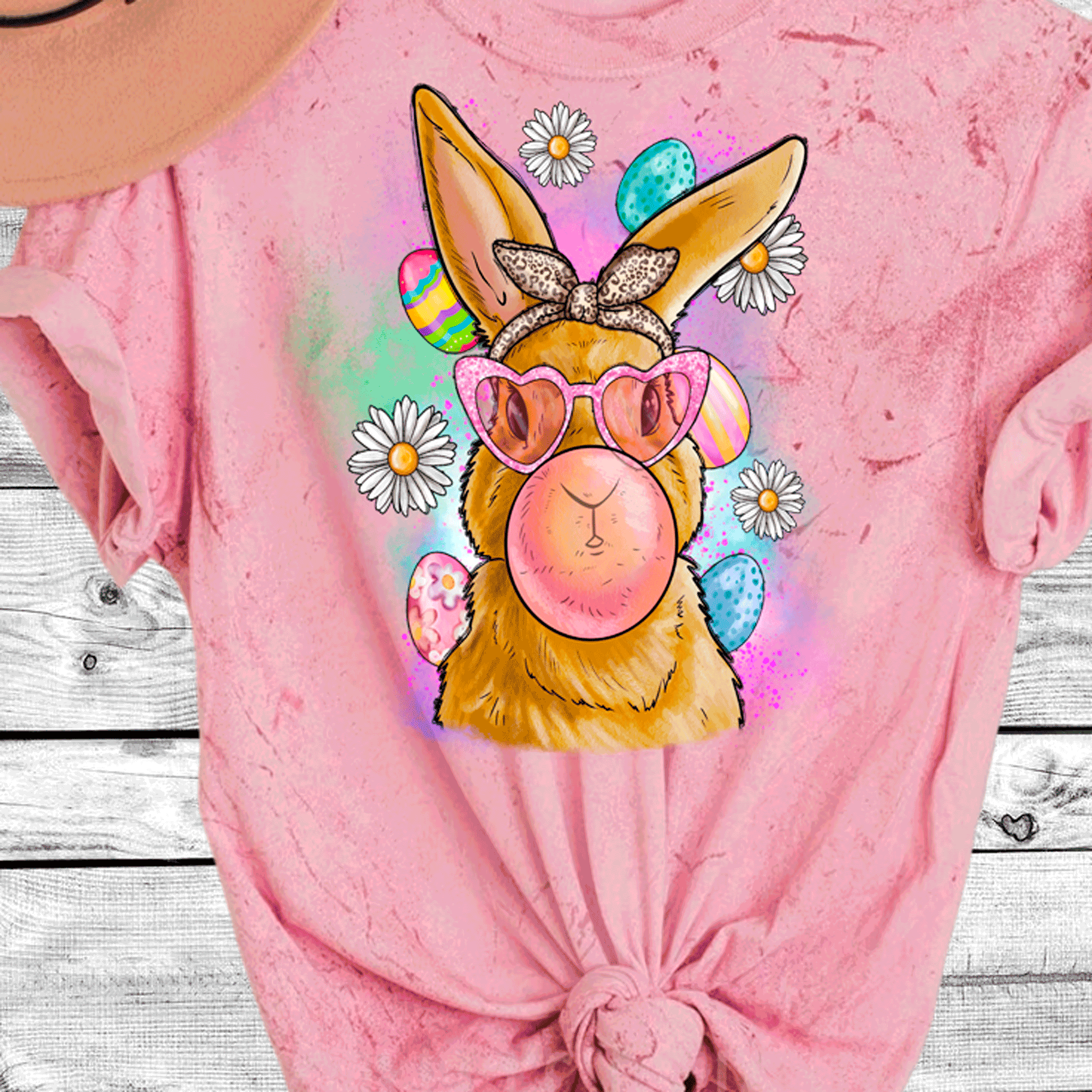 A Blessed Texas Mess Boutique Comfort Color Colorblast Tie Dye Fun Bubble Blowing Bunny — main product shot