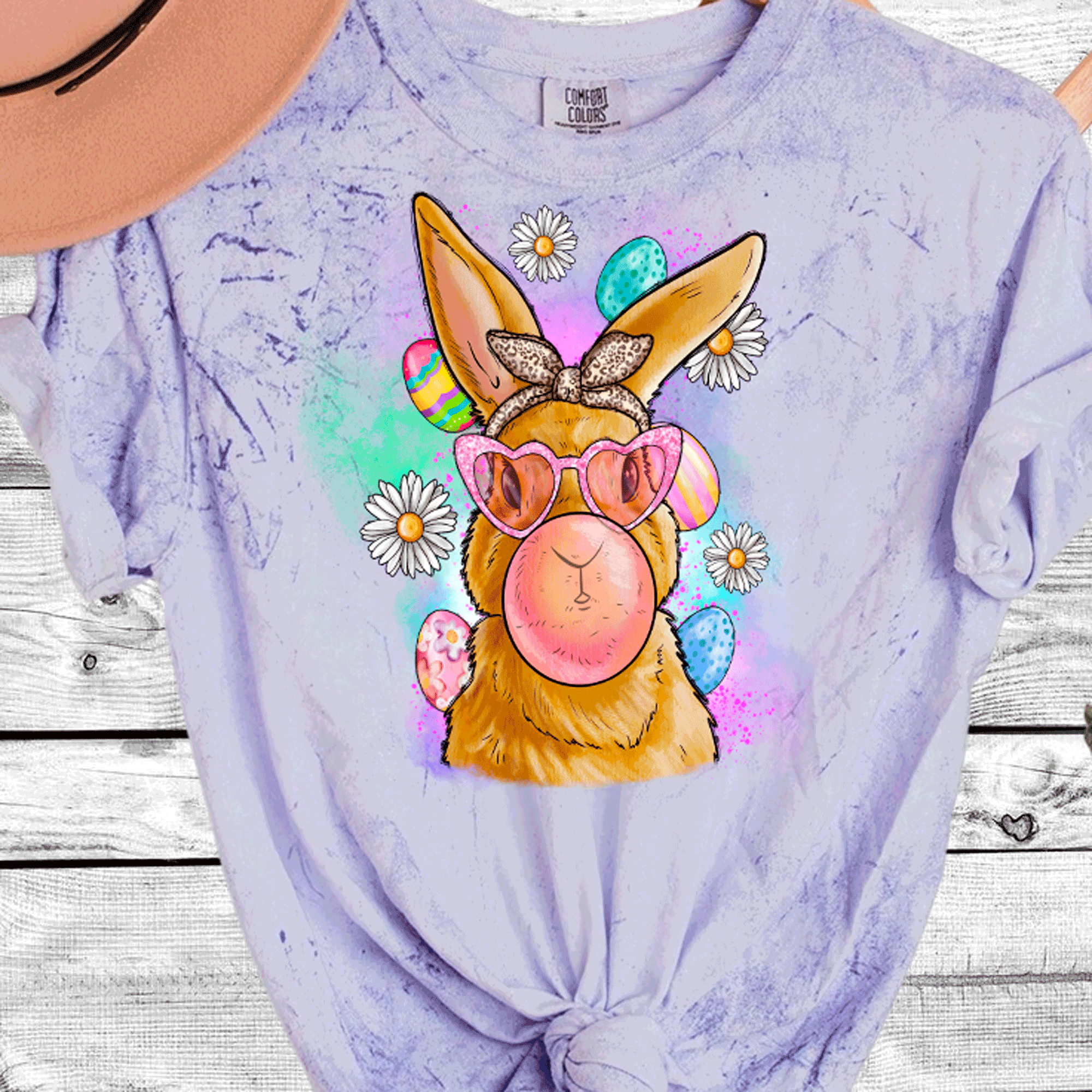 A Blessed Texas Mess Boutique Comfort Color Colorblast Tie Dye Fun Bubble Blowing Bunny — detail shot 6