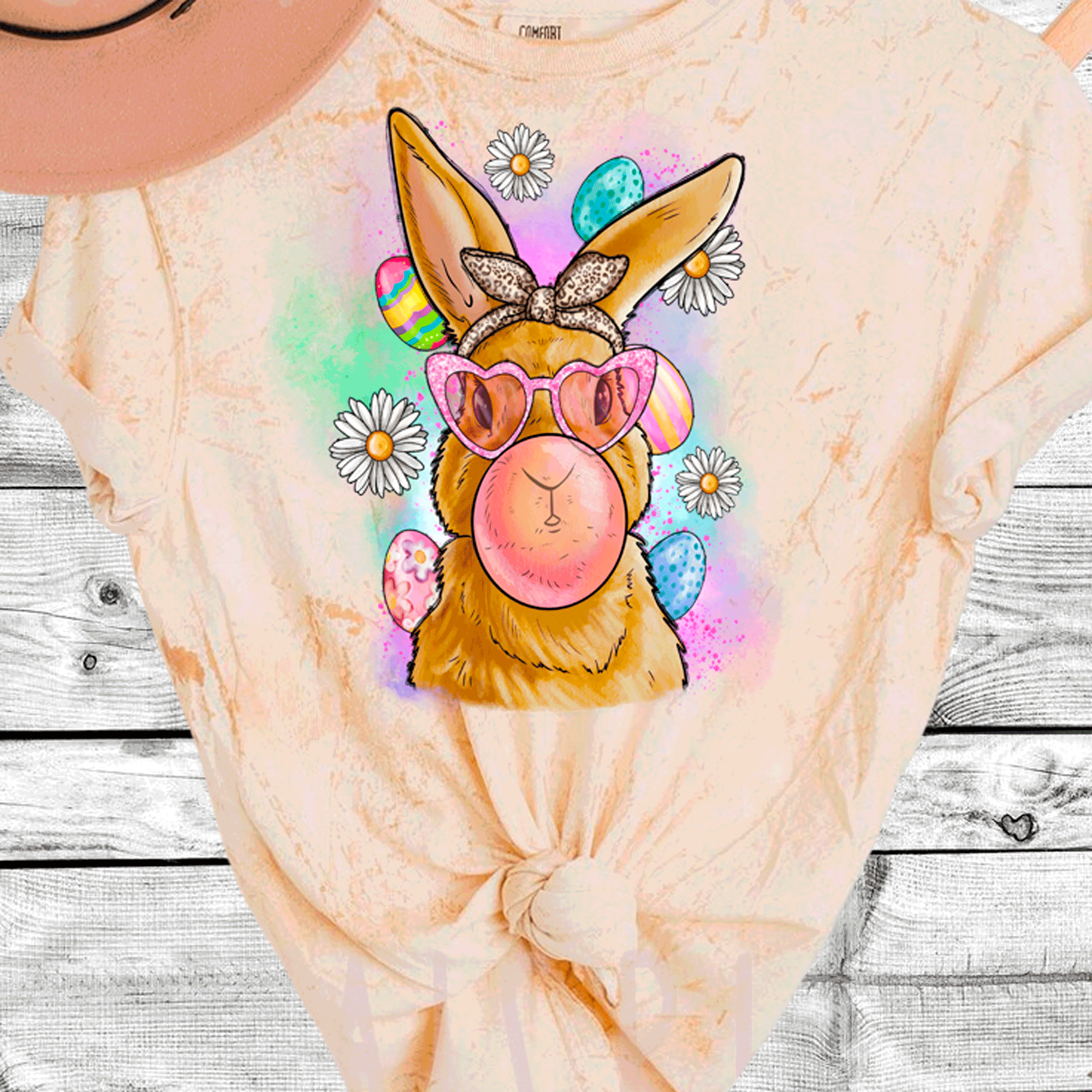 A Blessed Texas Mess Boutique Comfort Color Colorblast Tie Dye Fun Bubble Blowing Bunny — construction detail