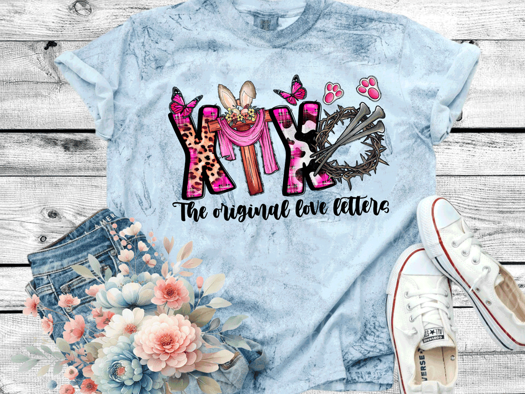 A Blessed Texas Mess Boutique Comfort Color Colorblast Tie Dye The Original Love Letters XOXO Easter Leopard… — A Blessed Texas Mess Boutique branding close-up