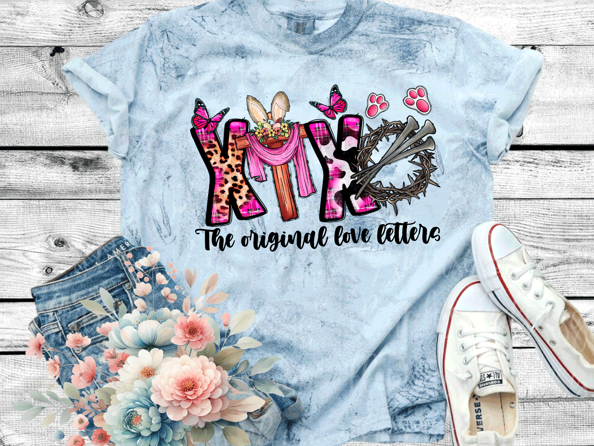 A Blessed Texas Mess Boutique Comfort Color Colorblast Tie Dye The Original Love Letters XOXO Easter Leopard… — A Blessed Texas Mess Boutique branding close-up