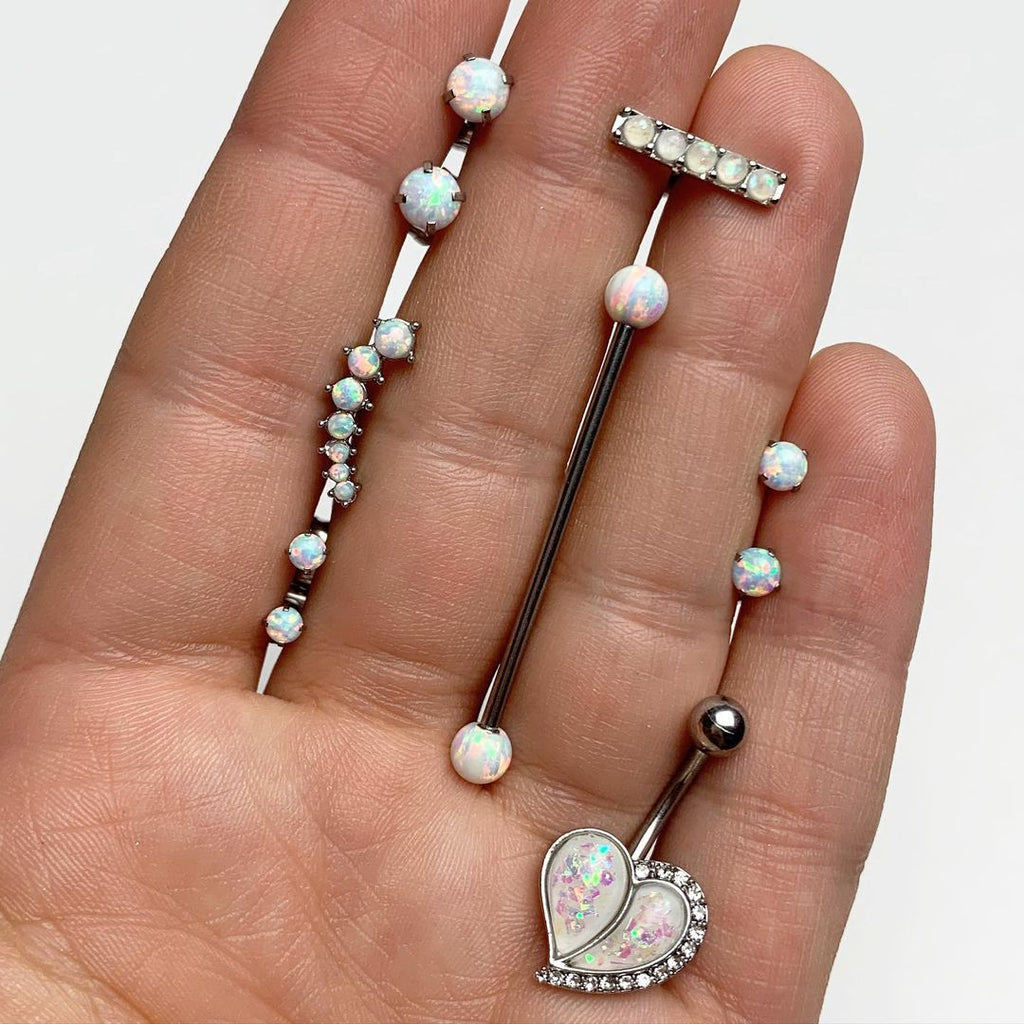BodyCandy White Synthetic Opal Stainless Steel Post Stud Earring Pack Set of 3 — detail close-up