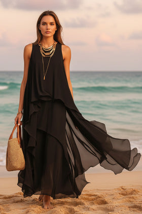 Black Asymmetrical Chiffon Maxi Dress – Flowy Sleeveless Boho A-Line Long Dress for Women