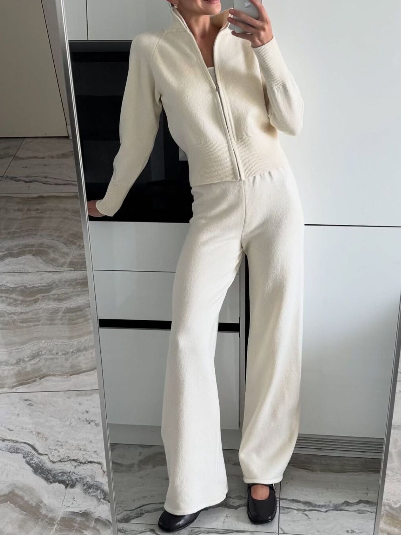Zip Up Outerwear and Wide Leg Pants Set