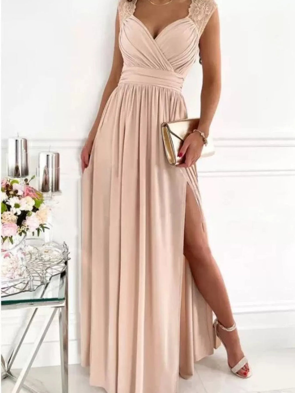 High Slit Lace Detail Maxi Dress