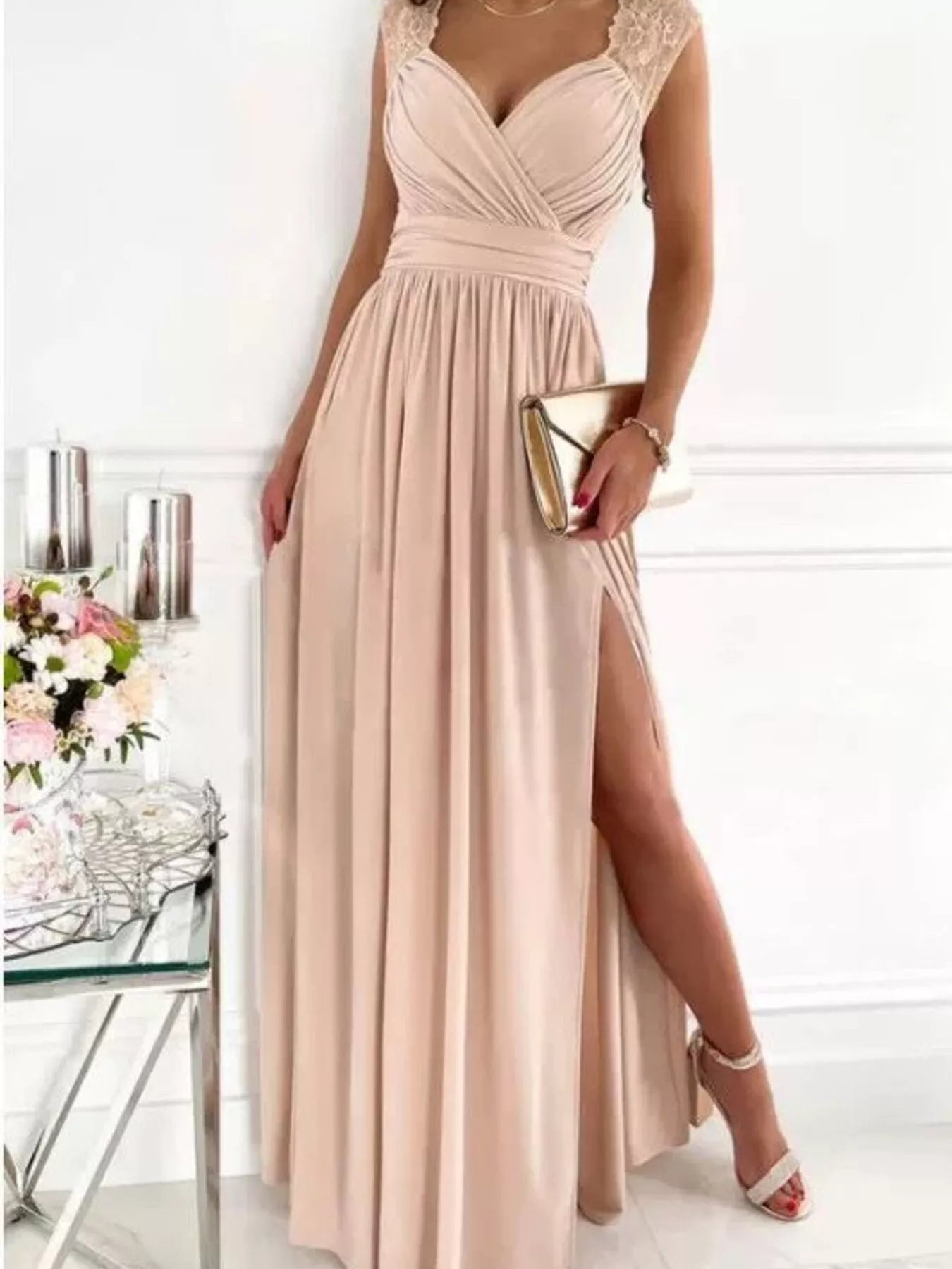 High Slit Lace Detail Maxi Dress