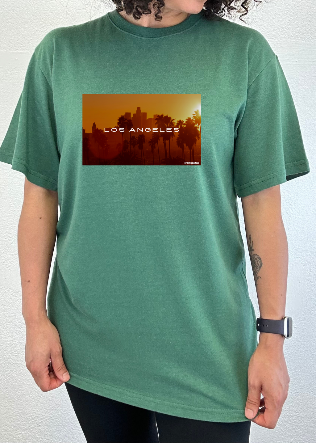Spun Bamboo Los Angeles Unisex Bamboo Viscose/Organic Cotton Short Sleeve Graphic T-Shirt — detail close-up