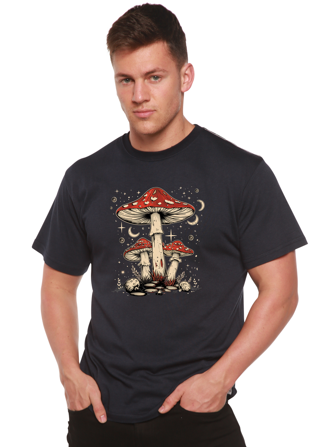 Spun Bamboo Boho Retro Hippie Mushrooms Natural Unisex Bamboo/Cotton Graphic T-Shirt — fabric or material detail