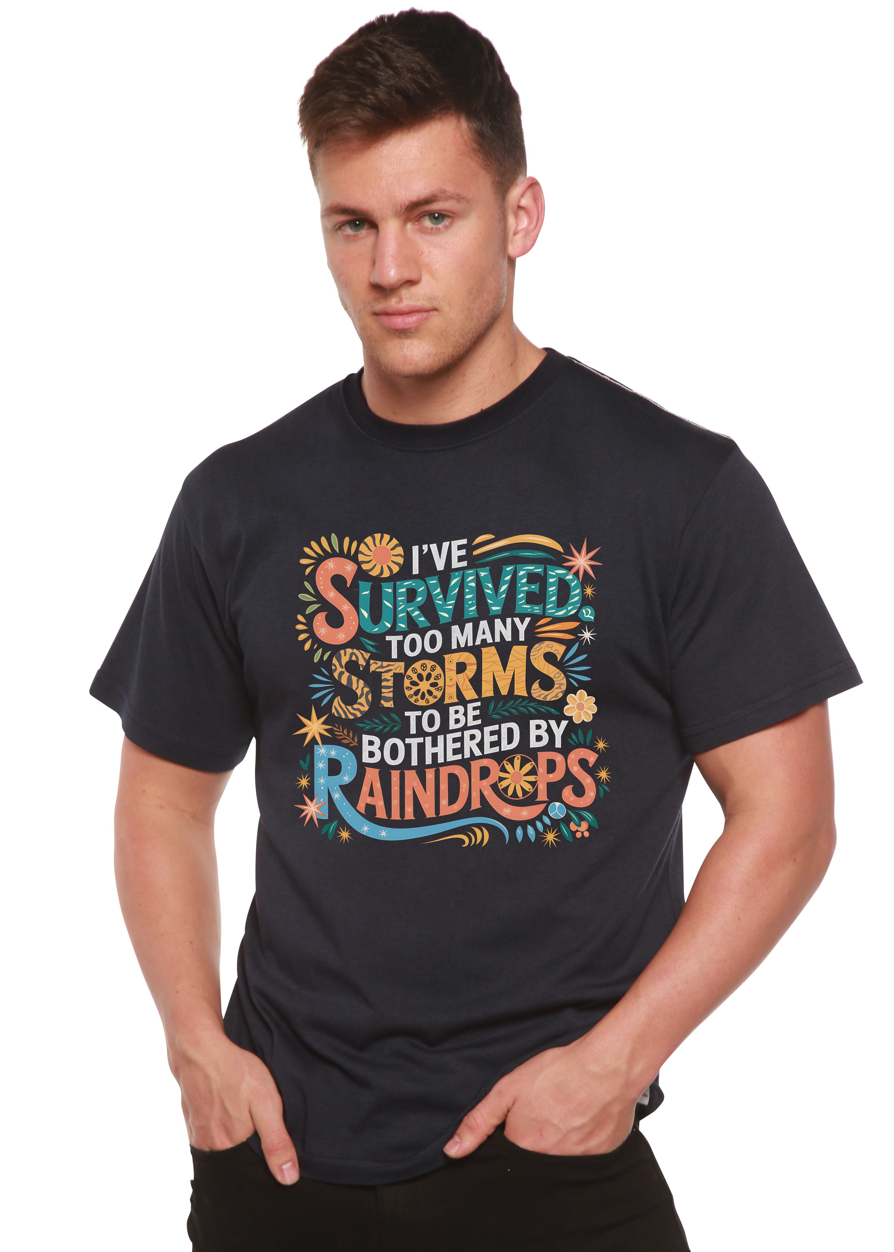 Spun Bamboo I've Survived Too Many Storms to Be Both Unisex Bamboo/Cotton Graphic T-Shirt — comparison shot
