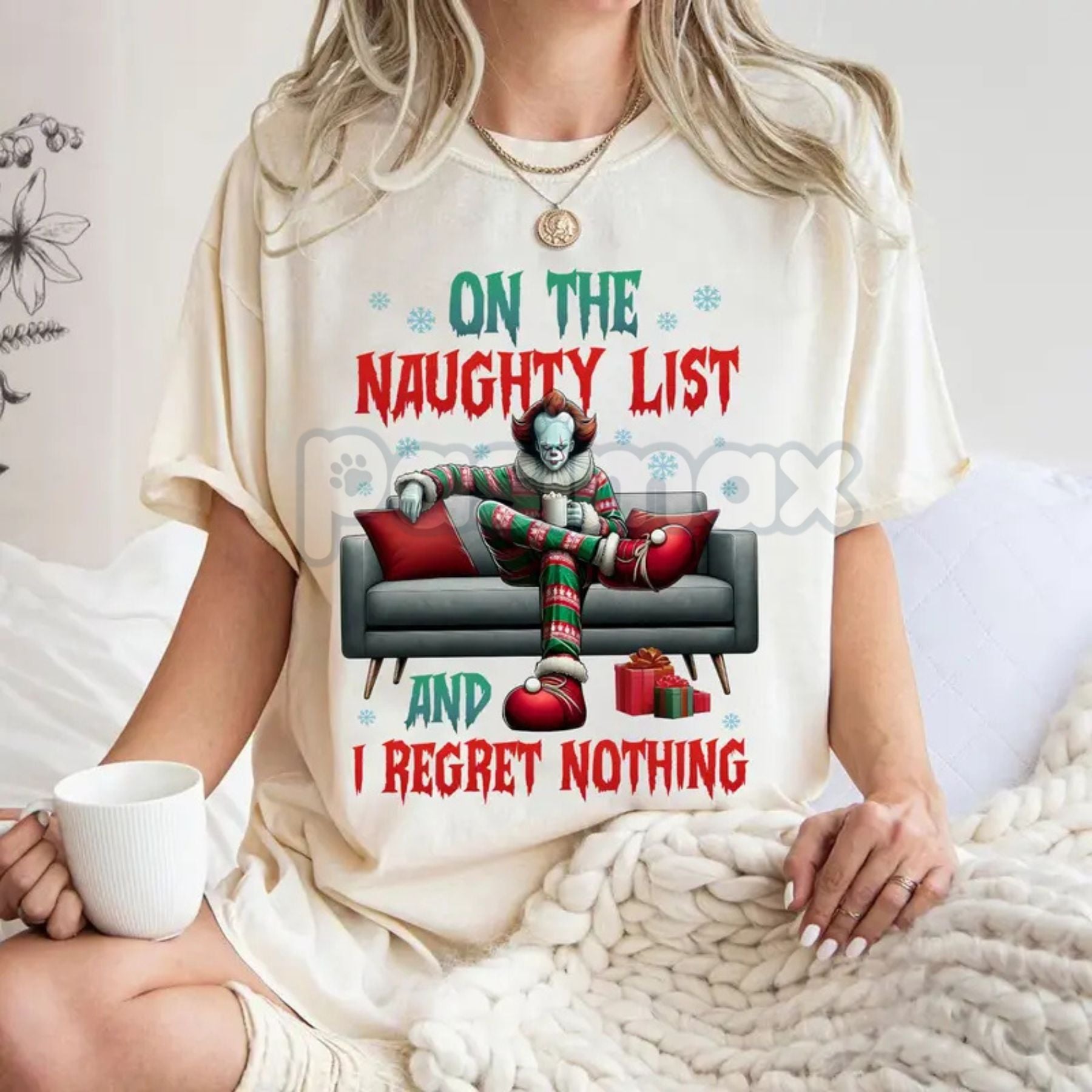 Pasimax "On The Naughty List And I Regret Nothing" Christmas Shirt — in-use photo