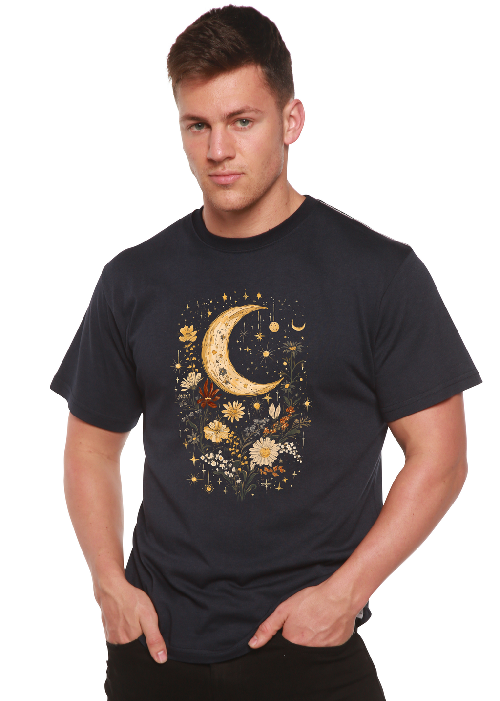 Spun Bamboo Celestial Moon Boho Flowers Vintage Unisex Bamboo/Cotton Graphic T-Shirt — in-use photo