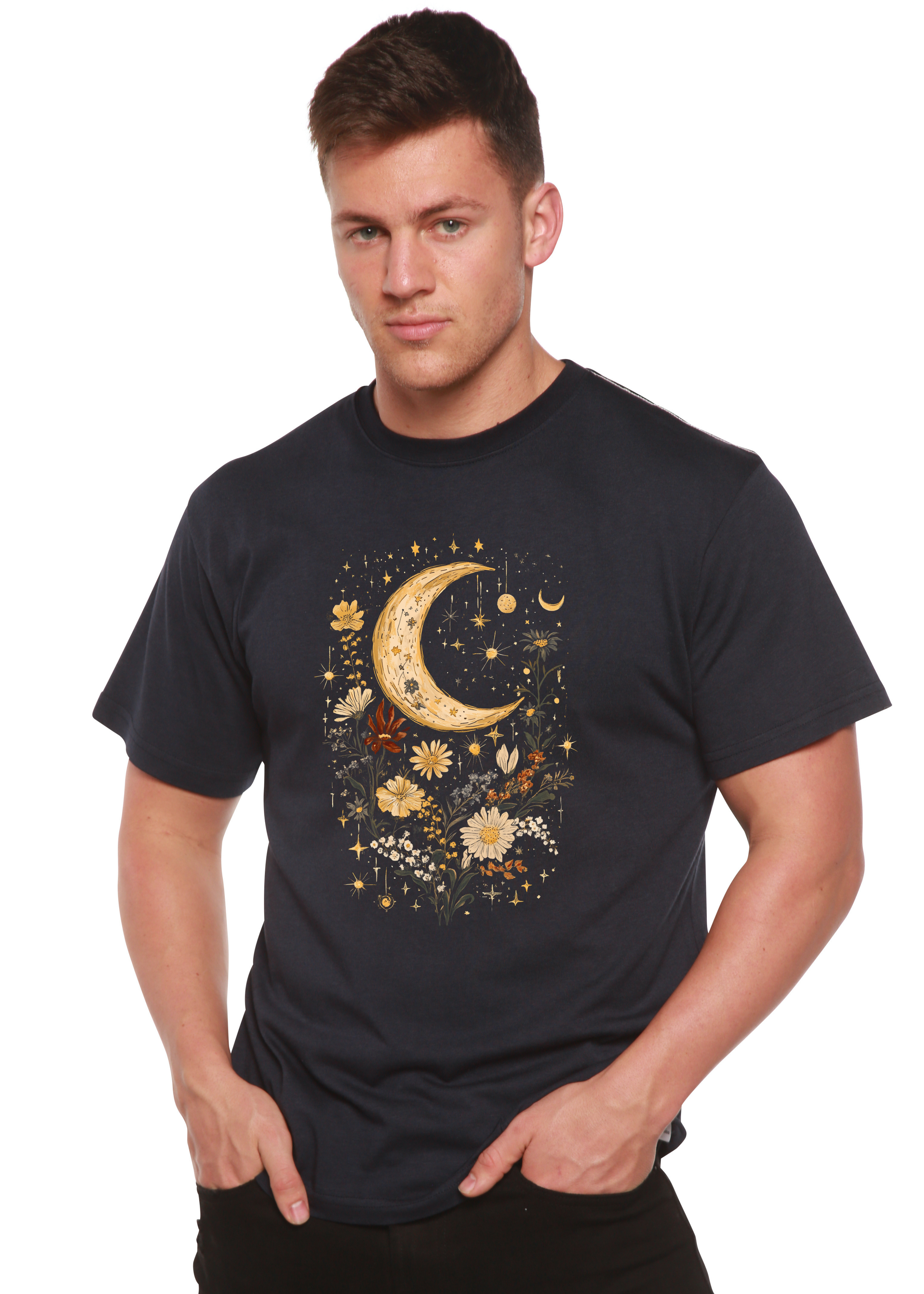 Spun Bamboo Celestial Moon Boho Flowers Vintage Unisex Bamboo/Cotton Graphic T-Shirt — in-use photo