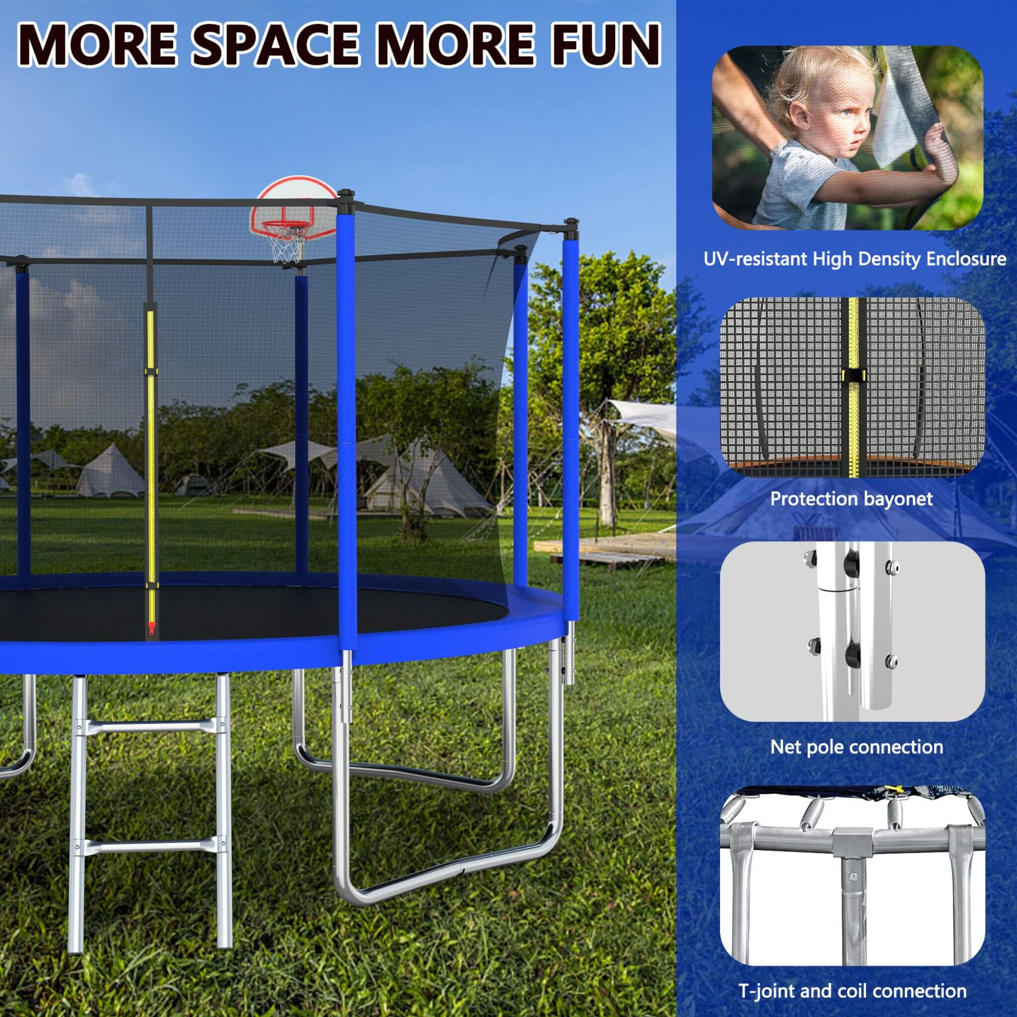 Premium 12FT Outdoor Backyard Trampoline For Kids And Adults With Basketball Hoop And Safety Enclosure (SAK15723) – SAKSBY WH