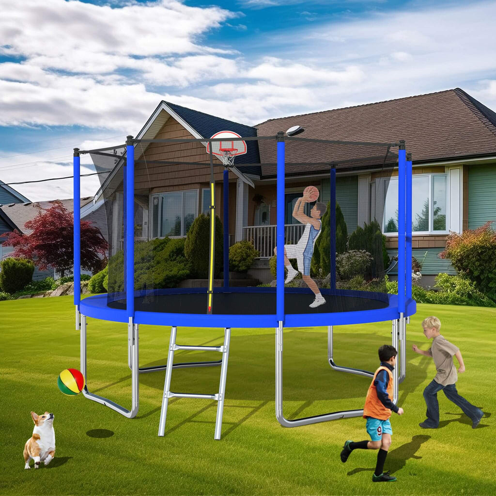 Premium 12FT Outdoor Backyard Trampoline For Kids And Adults With Basketball Hoop And Safety Enclosure (SAK15723) – SAKSBY WH