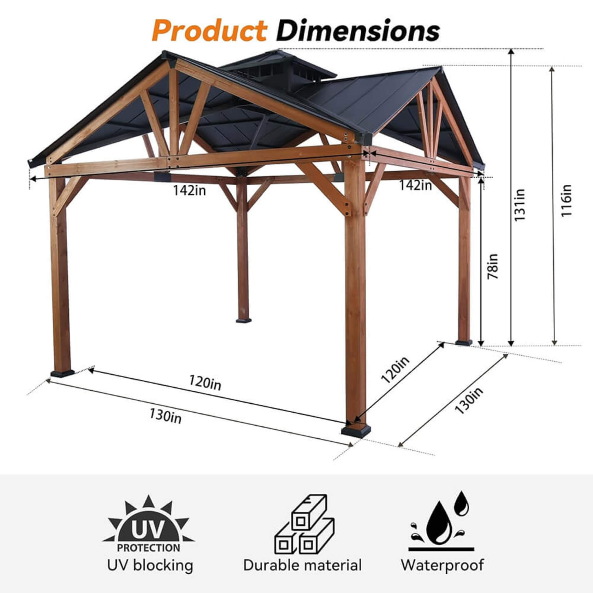 [12X12FT] Alora Premium Outdoor Cedar Wood Hardtop Gazebo With Galvanized Steel Roof (SAK31864) – SAKSBY WHOLESALE, view 10