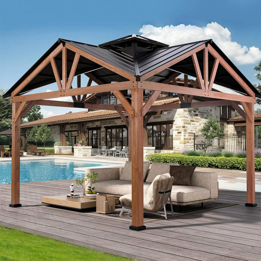 [12X12FT] Alora Premium Outdoor Cedar Wood Hardtop Gazebo With Galvanized Steel Roof (SAK31864) – SAKSBY WHOLESALE