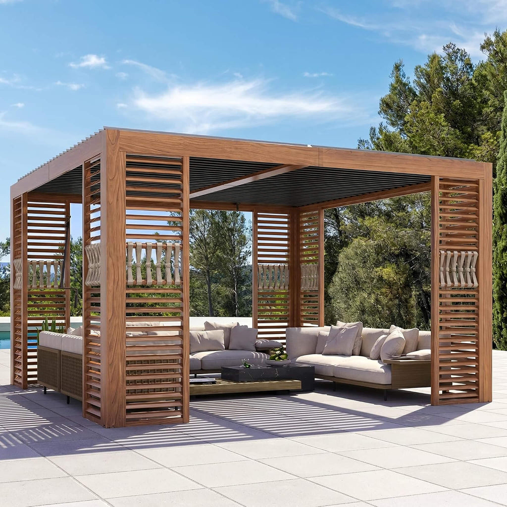 [12X12FT] Alora Premium Outdoor Wood Grain Louvered Pergola With Integrated Drainage (SAK74256) – SAKSBY WHOLESALE
