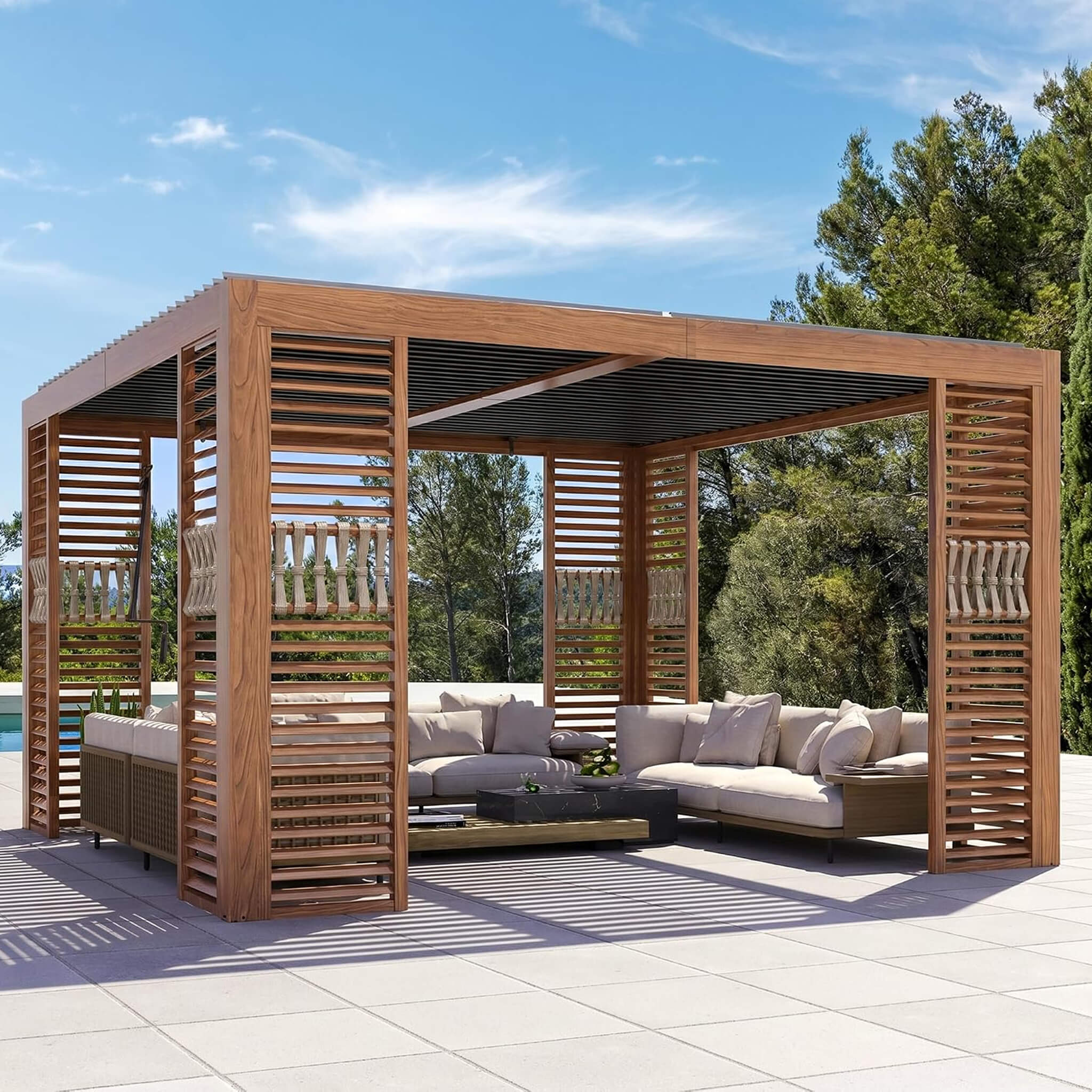 [12X12FT] Alora Premium Outdoor Wood Grain Louvered Pergola With Integrated Drainage (SAK74256) – SAKSBY WHOLESALE