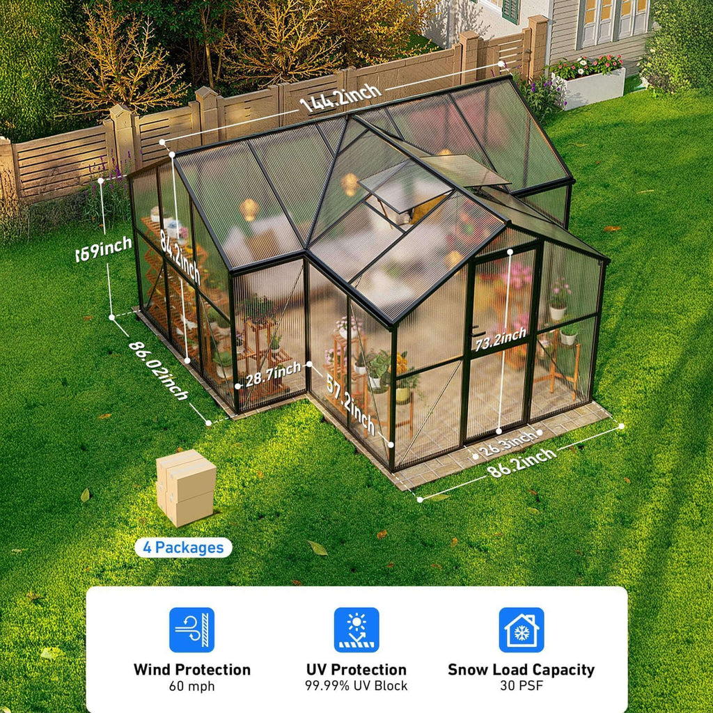 [12X12FT] Premium T-Shape Polycarbonate Greenhouse With UV Protection And Aluminum Frame (SAK27460) – SAKSBY WHOLESALE, view 