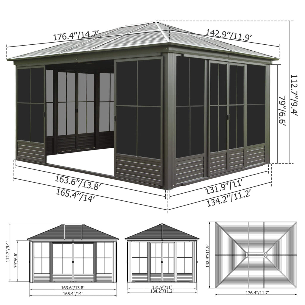 [12X14FT] Alora Serenity Premium All-Weather Outdoor Aluminum Sunroom With Galvanized Steel Hardtop Sloping Roof, Lockable Do
