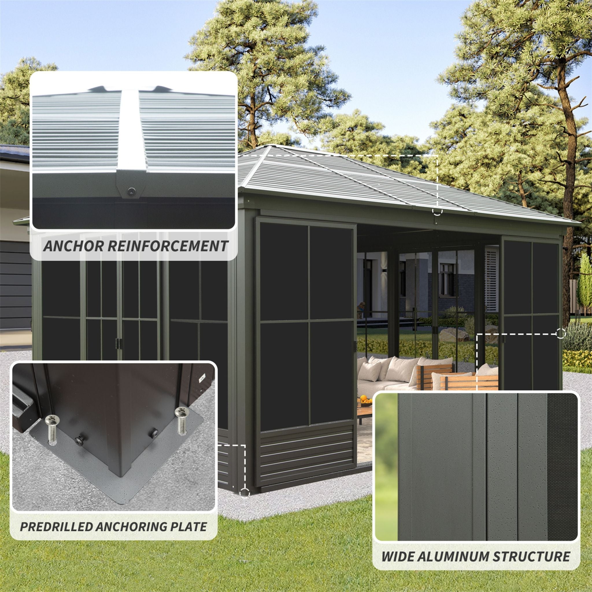 [12X14FT] Alora Serenity Premium All-Weather Outdoor Aluminum Sunroom With Galvanized Steel Hardtop Sloping Roof, Lockable Do