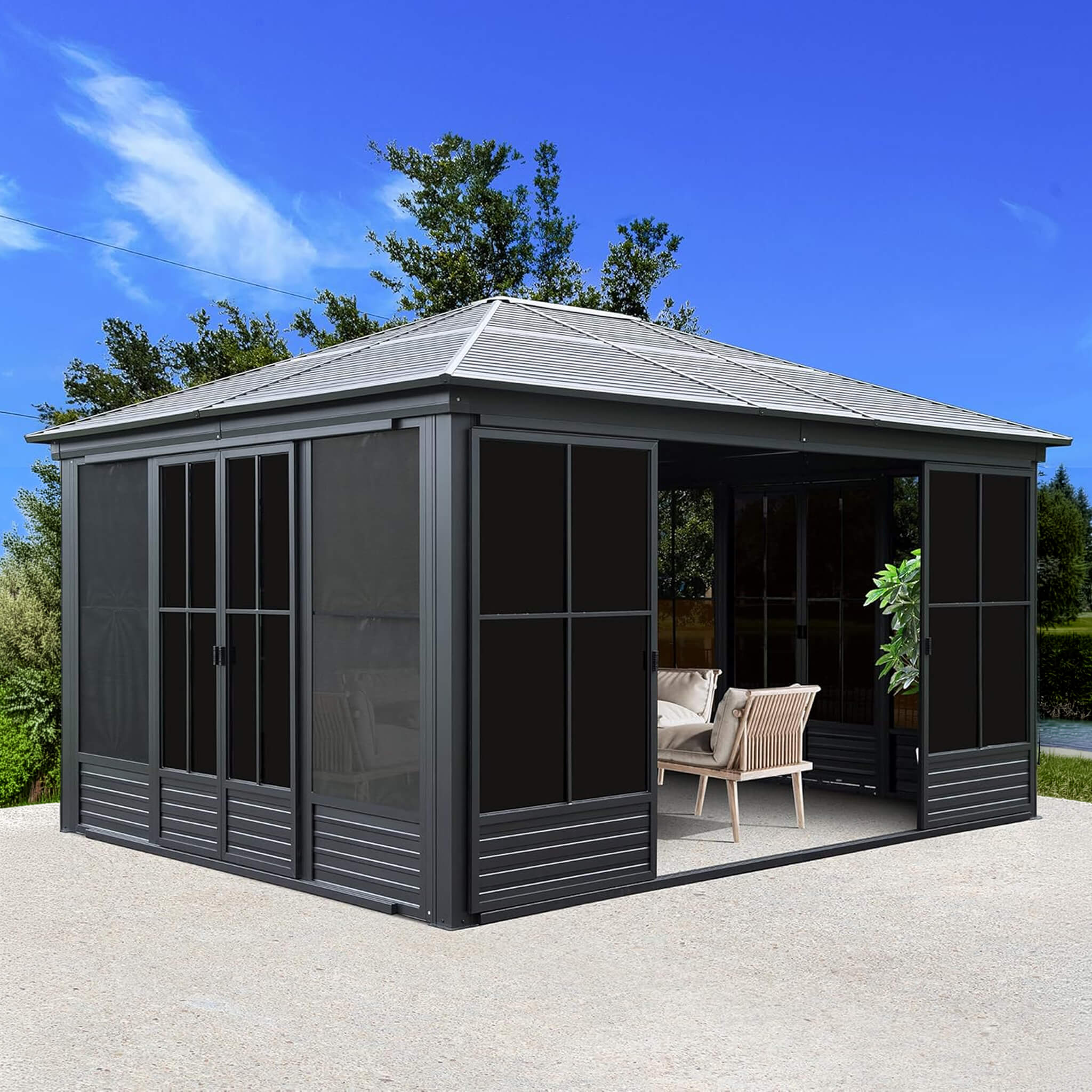 [12X14FT] Alora Serenity Premium All-Weather Outdoor Aluminum Sunroom With Galvanized Steel Hardtop Sloping Roof, Lockable Do
