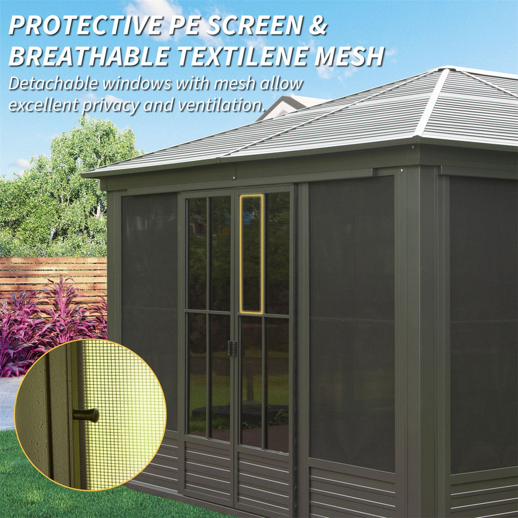[12X14FT] Alora Serenity Premium All-Weather Outdoor Aluminum Sunroom With Galvanized Steel Hardtop Sloping Roof, Lockable Do