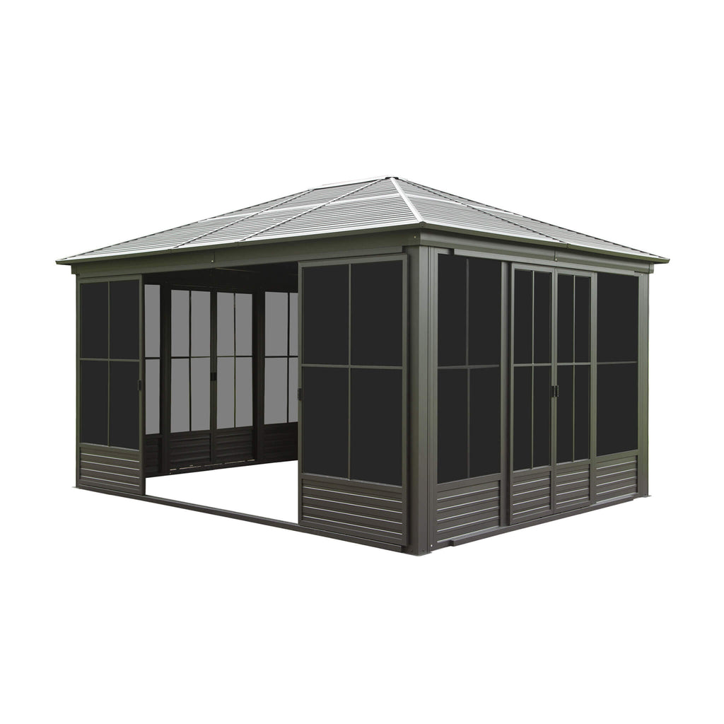 [12X14FT] Alora Serenity Premium All-Weather Outdoor Aluminum Sunroom With Galvanized Steel Hardtop Sloping Roof, Lockable Do