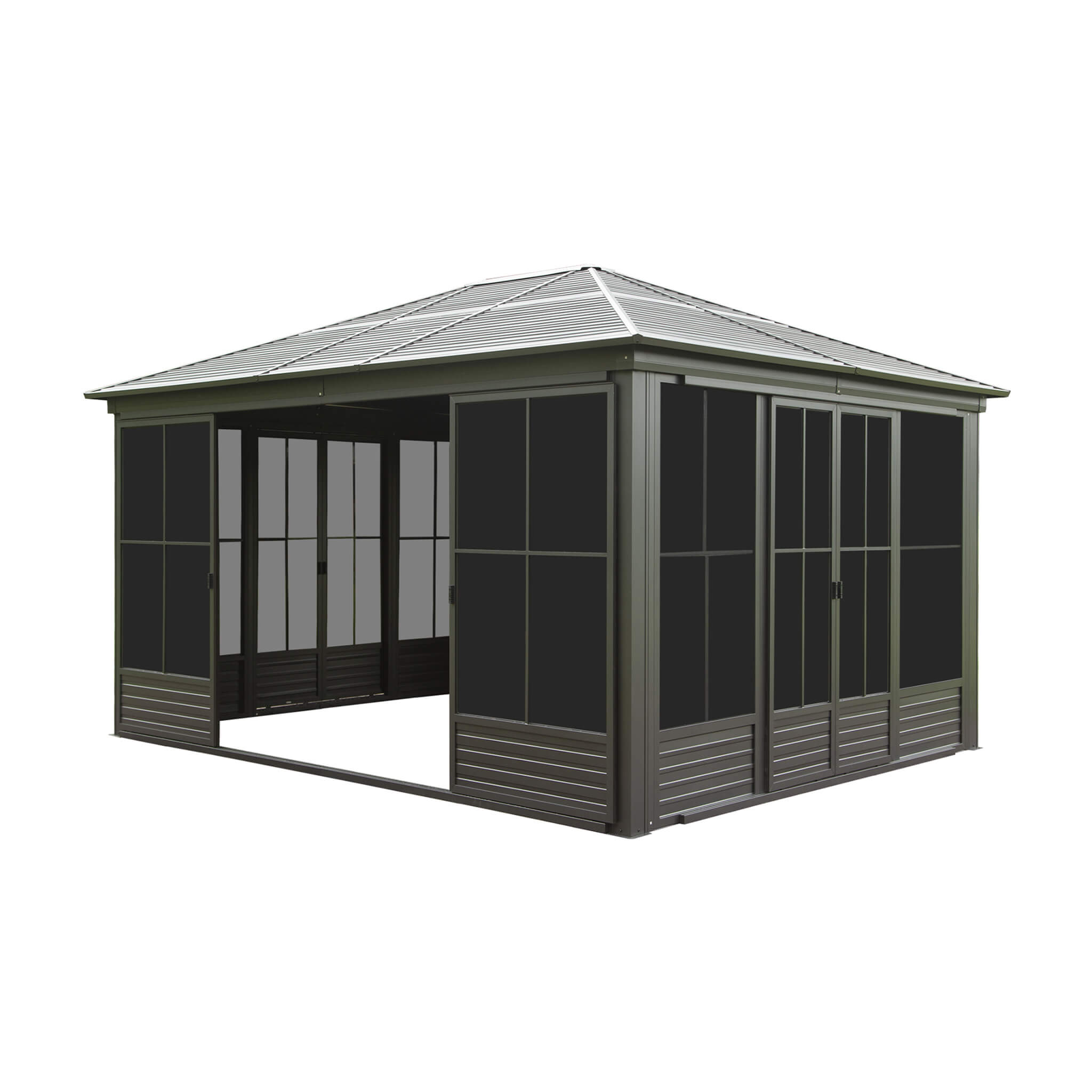 [12X14FT] Alora Serenity Premium All-Weather Outdoor Aluminum Sunroom With Galvanized Steel Hardtop Sloping Roof, Lockable Do