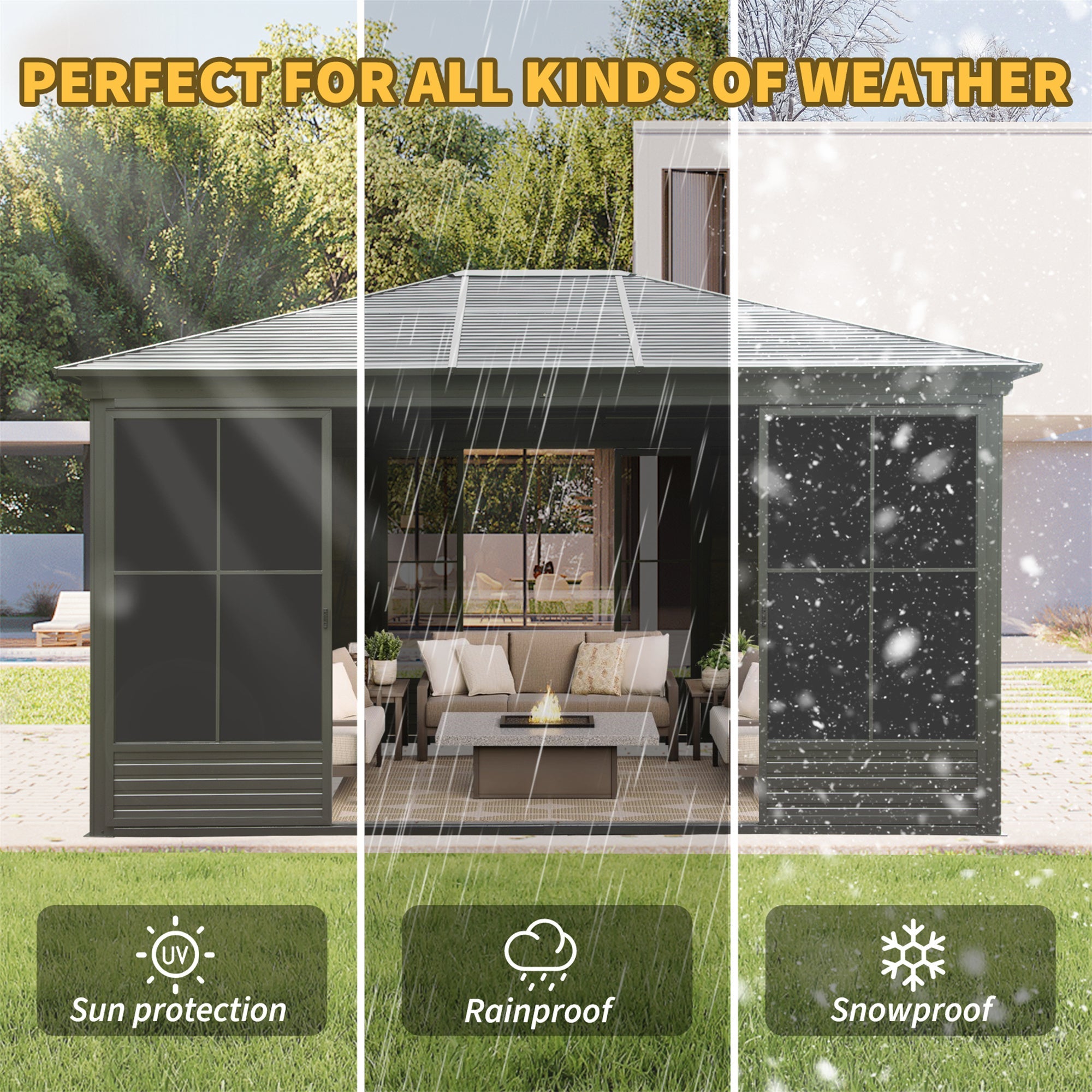 [12X14FT] Alora Serenity Premium All-Weather Outdoor Aluminum Sunroom With Galvanized Steel Hardtop Sloping Roof, Lockable Do