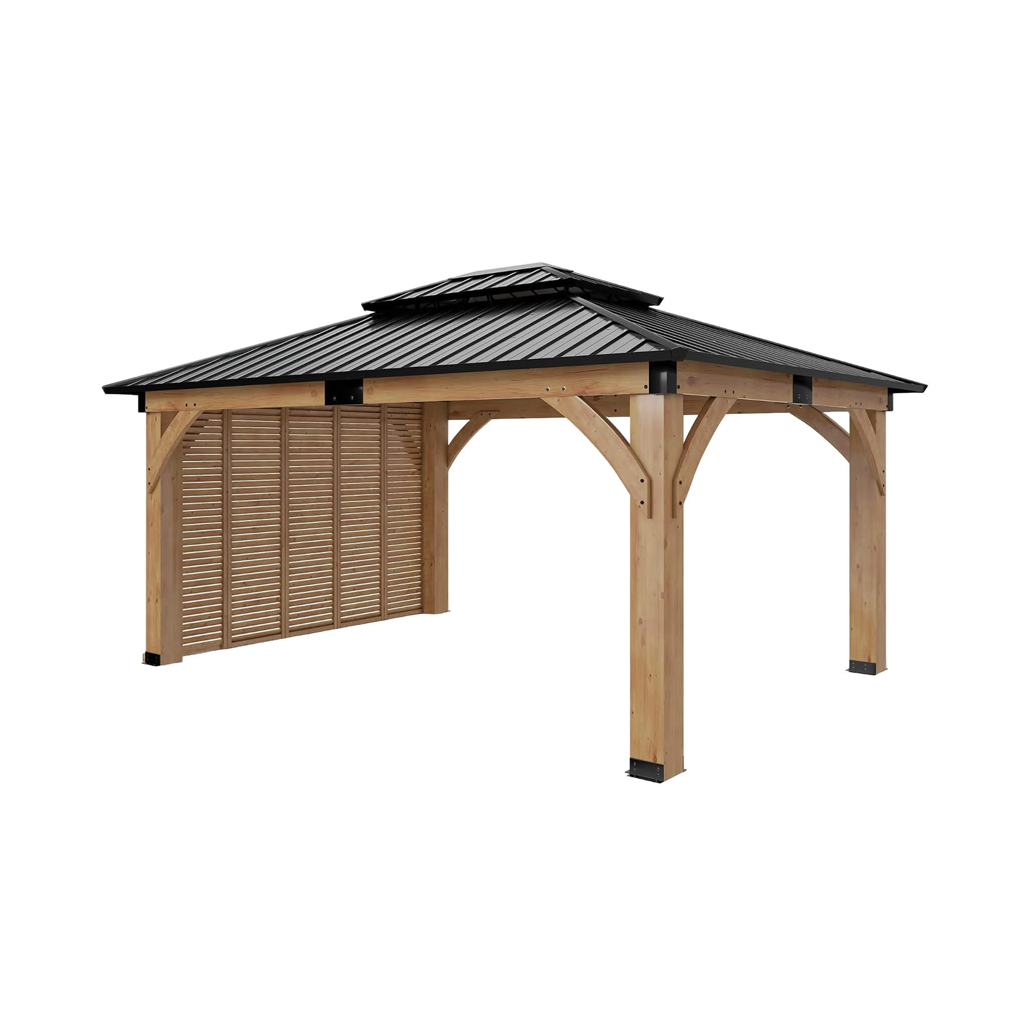 [12X14FT] Alora Modern Double-Tier Hardtop Spruce Wood Gazebo With Built-In Privacy Wall & Ceiling Hooks (SAK75086) – SAKSBY 