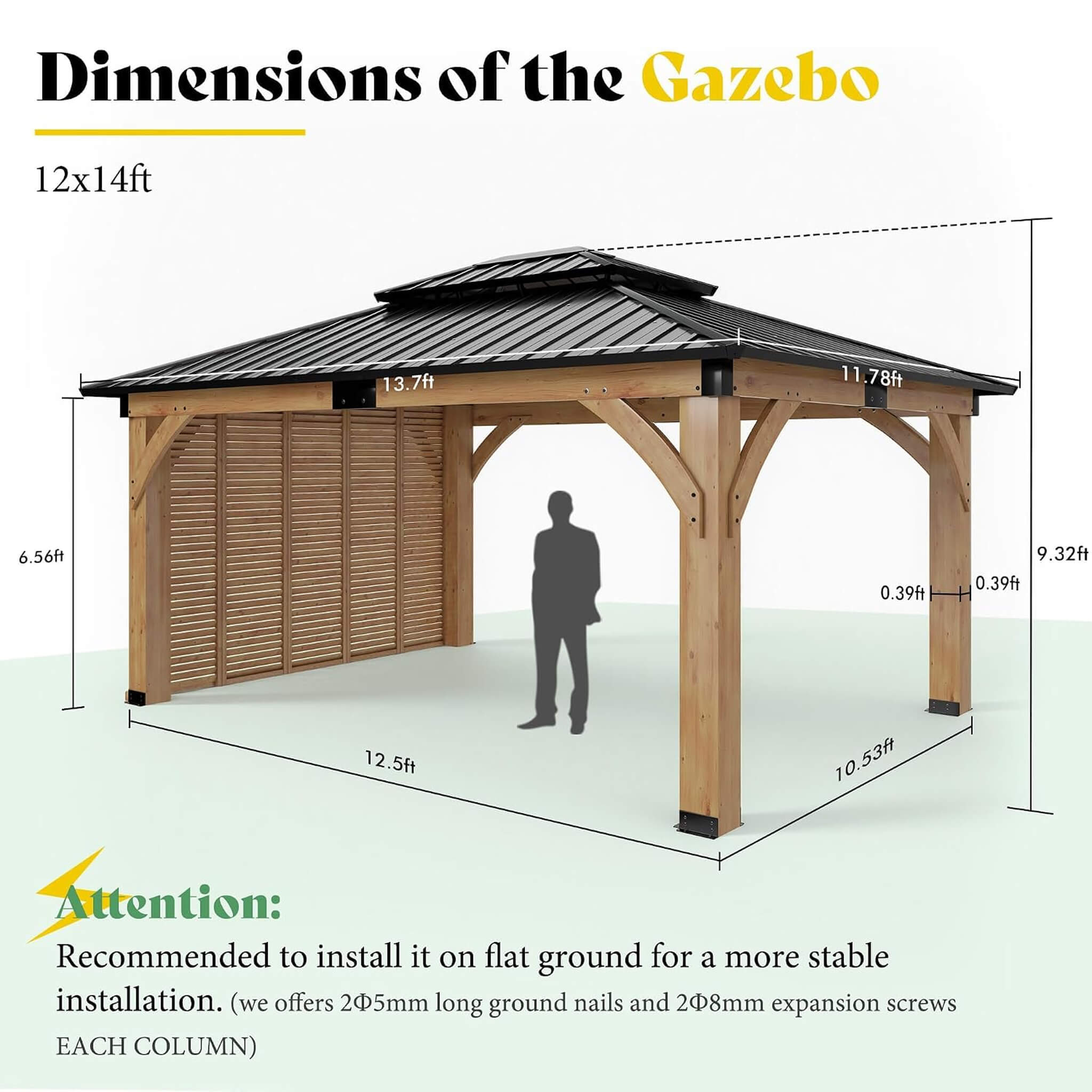 [12X14FT] Alora Modern Double-Tier Hardtop Spruce Wood Gazebo With Built-In Privacy Wall & Ceiling Hooks (SAK75086) – SAKSBY 