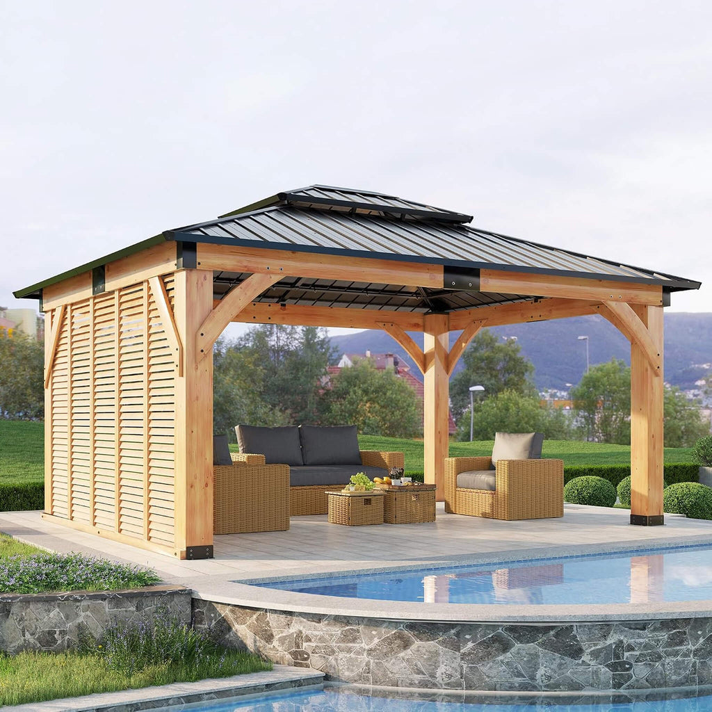 [12X14FT] Alora Modern Double-Tier Hardtop Spruce Wood Gazebo With Built-In Privacy Wall & Ceiling Hooks (SAK75086) – SAKSBY 