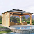 [12X14FT] Alora Modern Double-Tier Hardtop Spruce Wood Gazebo With Built-In Privacy Wall & Ceiling Hooks (SAK75086) – SAKSBY 