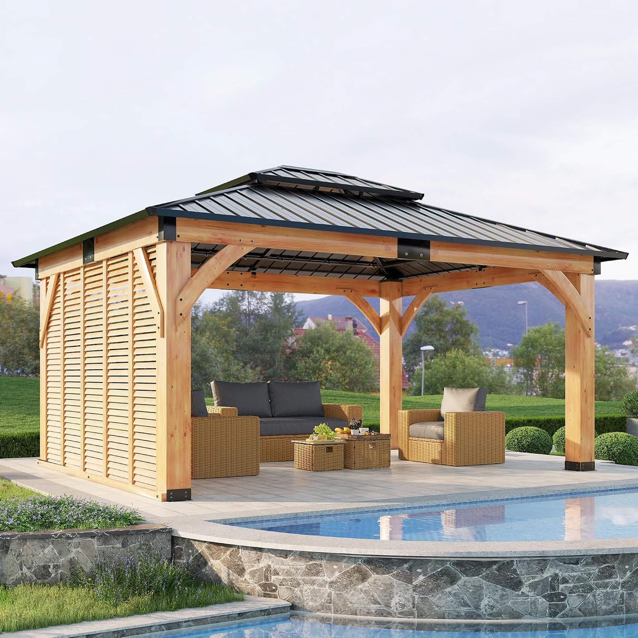 [12X14FT] Alora Modern Double-Tier Hardtop Spruce Wood Gazebo With Built-In Privacy Wall & Ceiling Hooks (SAK75086) – SAKSBY 