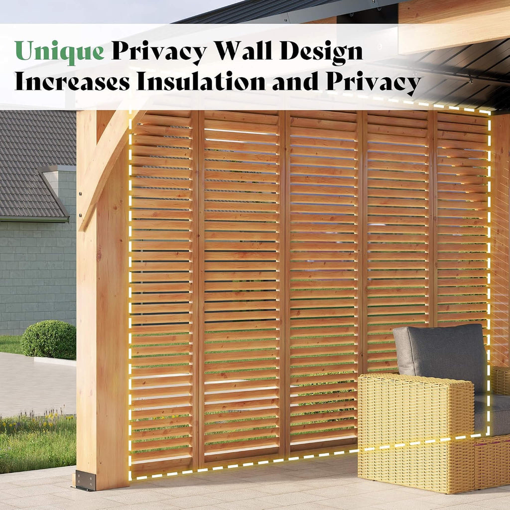 [12X14FT] Alora Modern Double-Tier Hardtop Spruce Wood Gazebo With Built-In Privacy Wall & Ceiling Hooks (SAK75086) – SAKSBY 