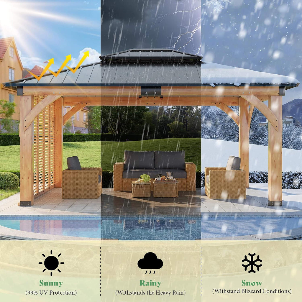 [12X14FT] Alora Modern Double-Tier Hardtop Spruce Wood Gazebo With Built-In Privacy Wall & Ceiling Hooks (SAK75086) – SAKSBY 